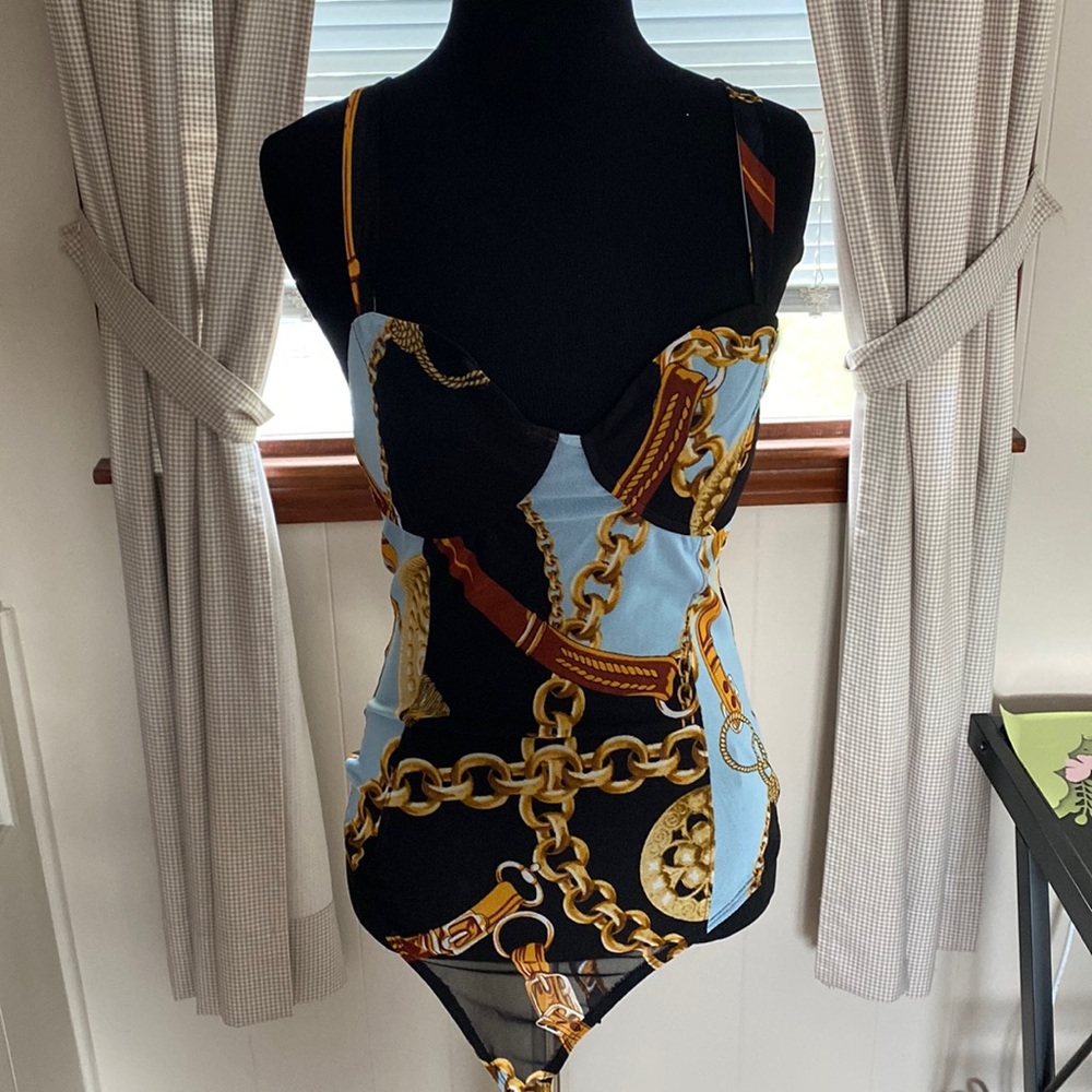 Chain Print Bodysuit - Black and Gold